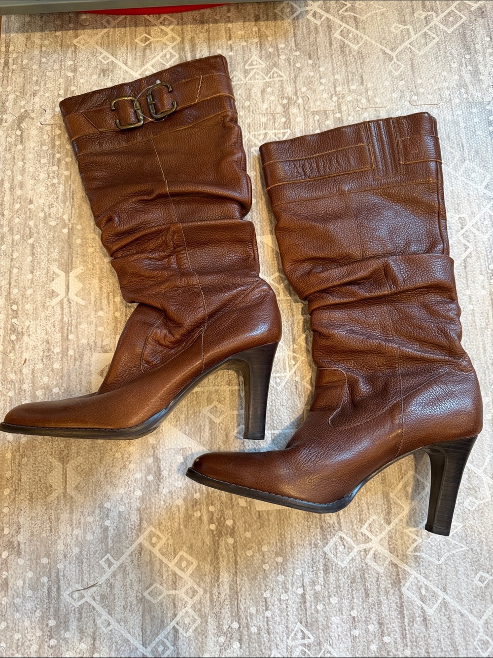 MATISSE Women's Brown Leather Mid-Calf Heeled Boots with Buckle Detail